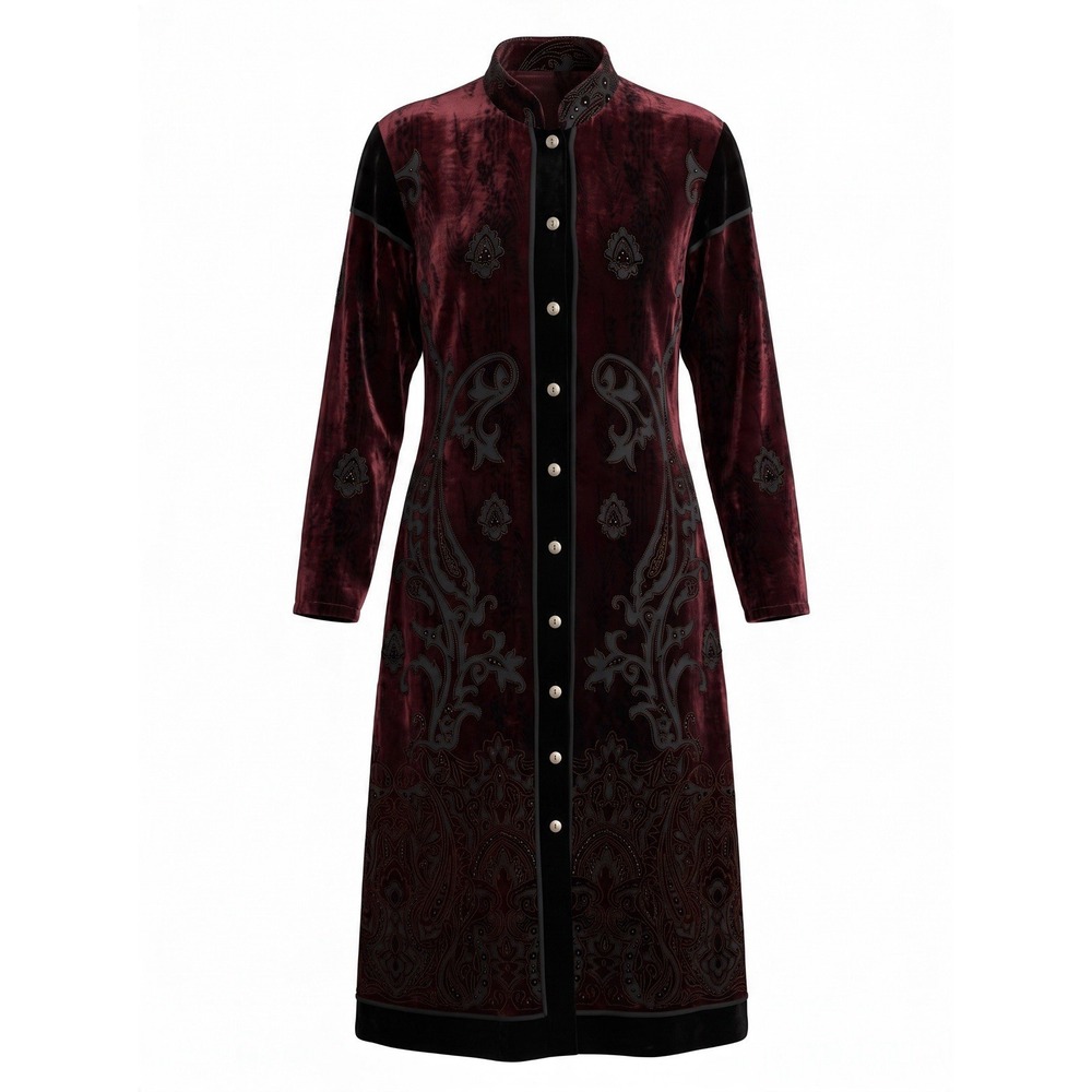 Citron Santa Monica Collection Burgundy Velvet Long Duster Coat Embellished Sz M